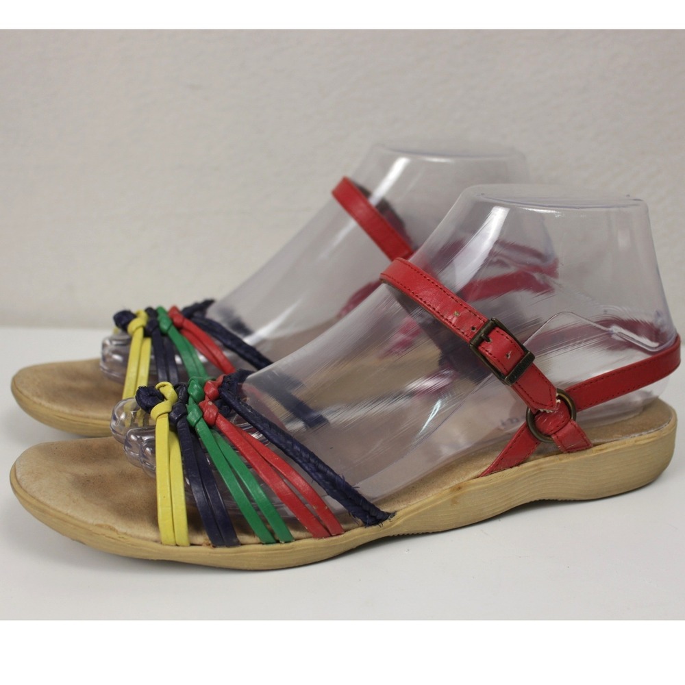 Vintage 1970s Famolare Wavy There Sandals Rainbow Leather‎ Strappy Womens 8.5N